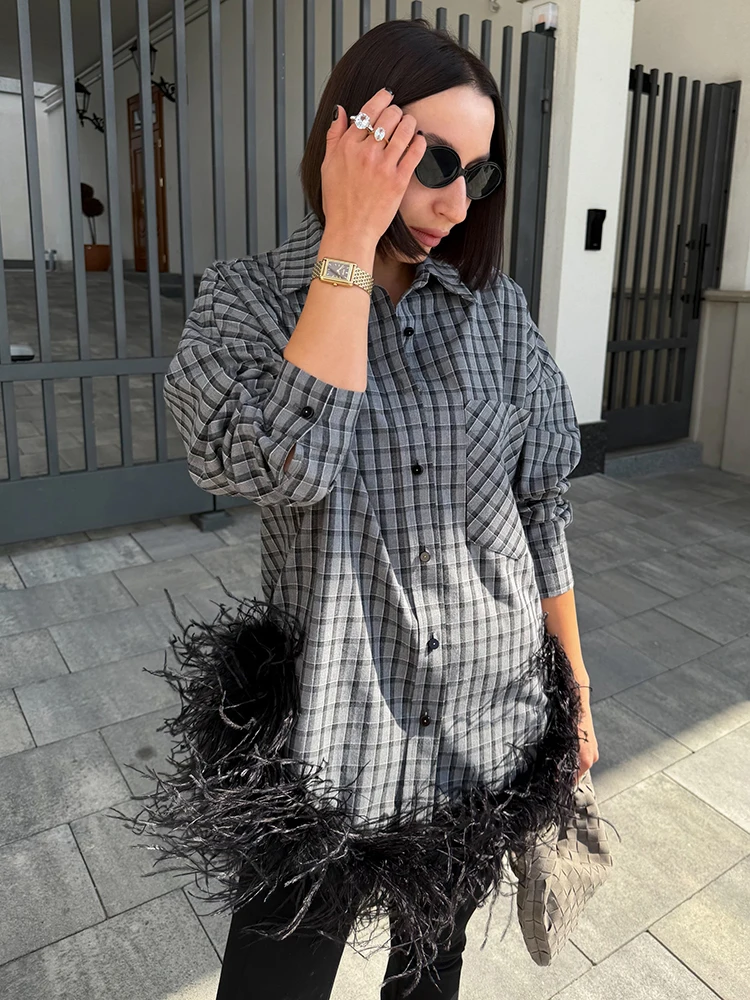 Stylish Plaid Button Down Feather Trim Hem Shirt Long Sleeve Chest Pocket Loose Top Ladies Elegant Party Casual Daily Outfit