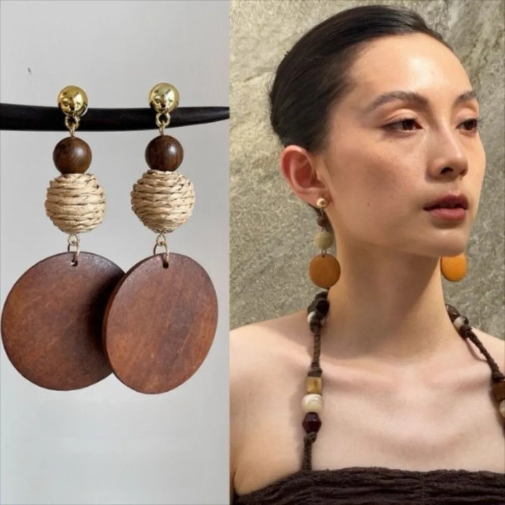 Retro Boho Wooden Drop Earrings Flower Brown Woven Tassel Earrings Aesthetic Hollow Out Beads Dangle Earrings Women Accessories