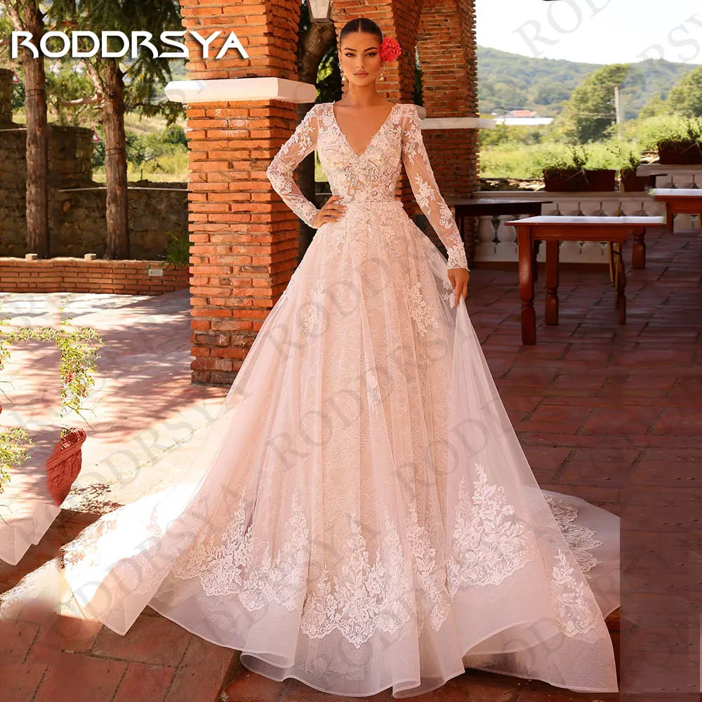 RODDRSYA-Robes de mariée élégantes A-ligne, manches longues, col en V, appliques en dentelle, dos nu, patients en tulle, quelle que soit la femme, 2024 Elegant A Line Wedding Dresses 2024 Long Sleeves (Robe de mariage