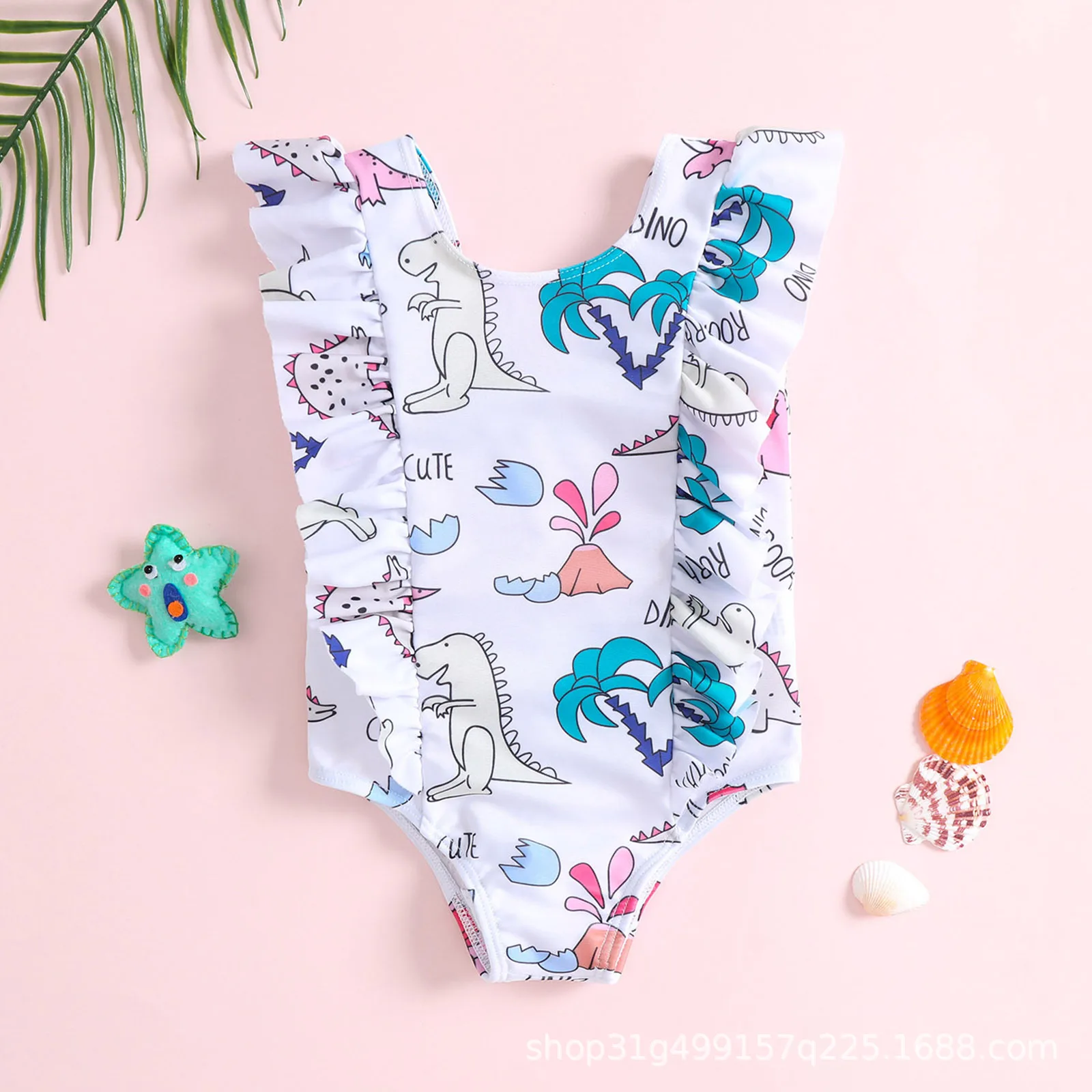 Toddler one piece swimsuit with ruffle and cartoon dinosaur volcano pattern for pool and beach water play