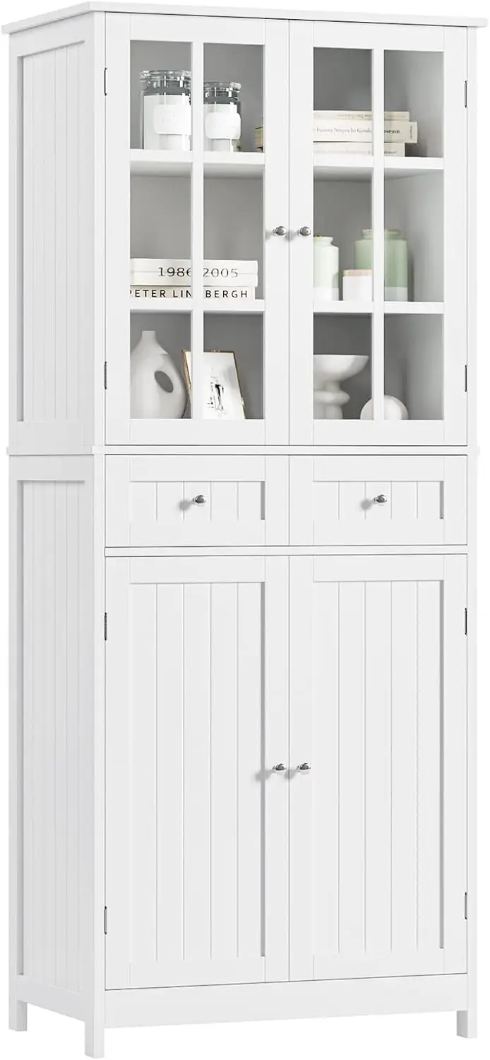 Tall Pantry Cabinet with 6 Shelves, 2 Drawers, Storage Cabinet with 4 Doors, for Dining Room