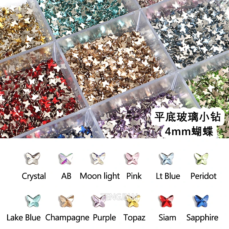 Mini 4MM Flat Back Butterfly Nail Art Rhinestones 12Color Glass Crystals Stone DIY Manicure Decorations Diamond 100pcs