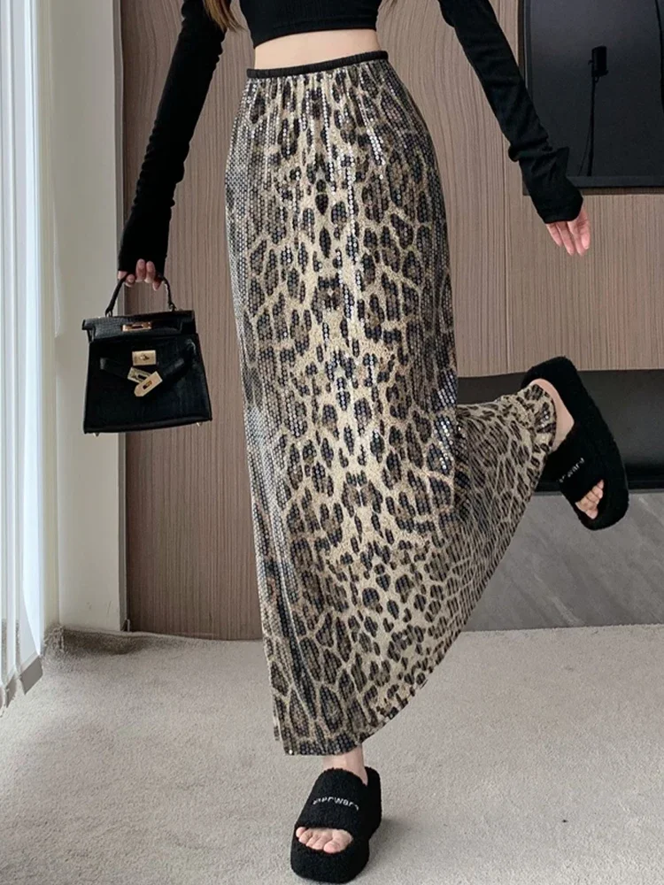 Women's Leopard print Gothic A-line Skirt Vintage 90s Aesthetic Streetwear Y2k Long Skirt Harajuku Korean Emo Skirt 2000s