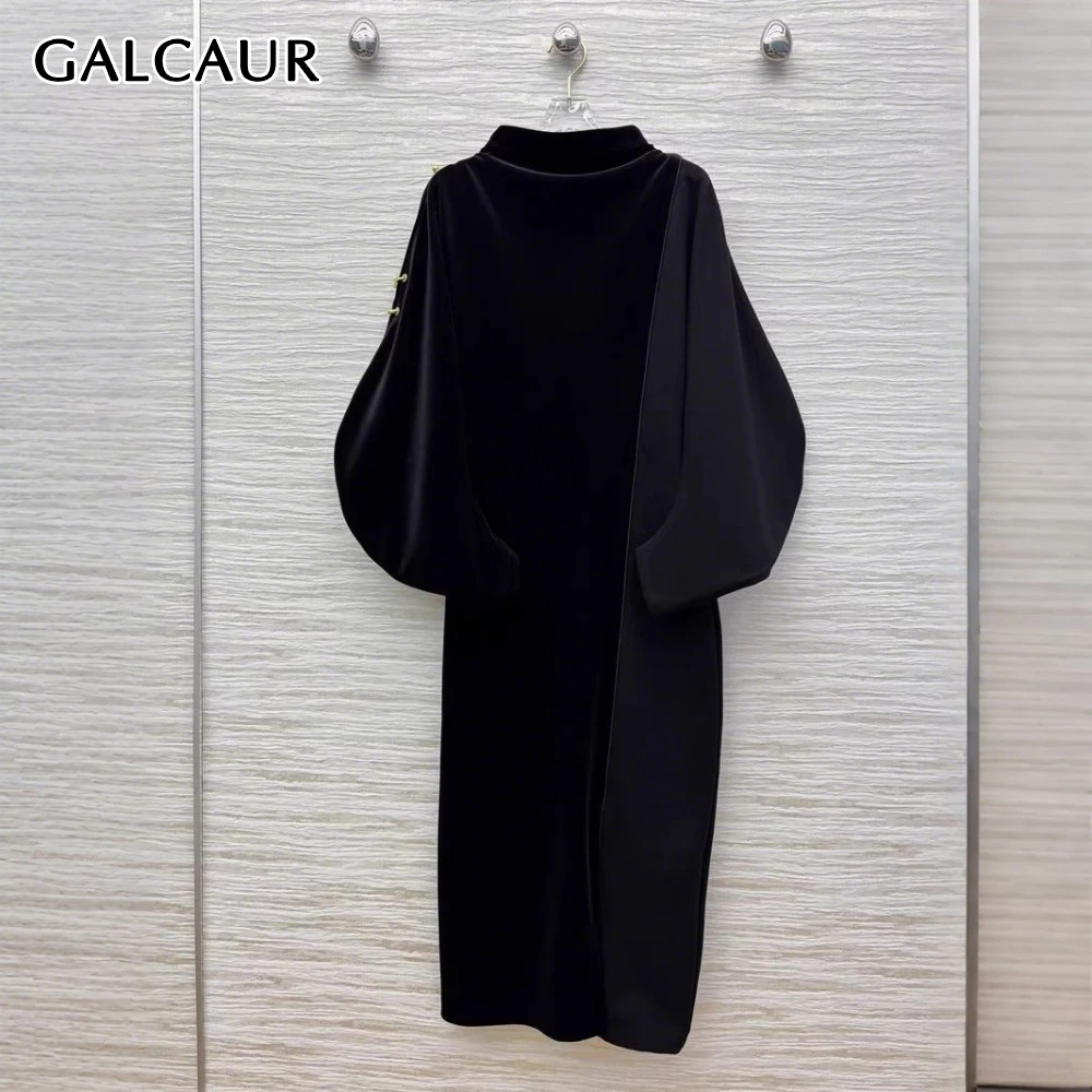 

GALCAUR Black Spliced Button Dress Female Turtleneck Long Sleeve Loose Casual Temperament Women's Dresses Fashion Summer Style