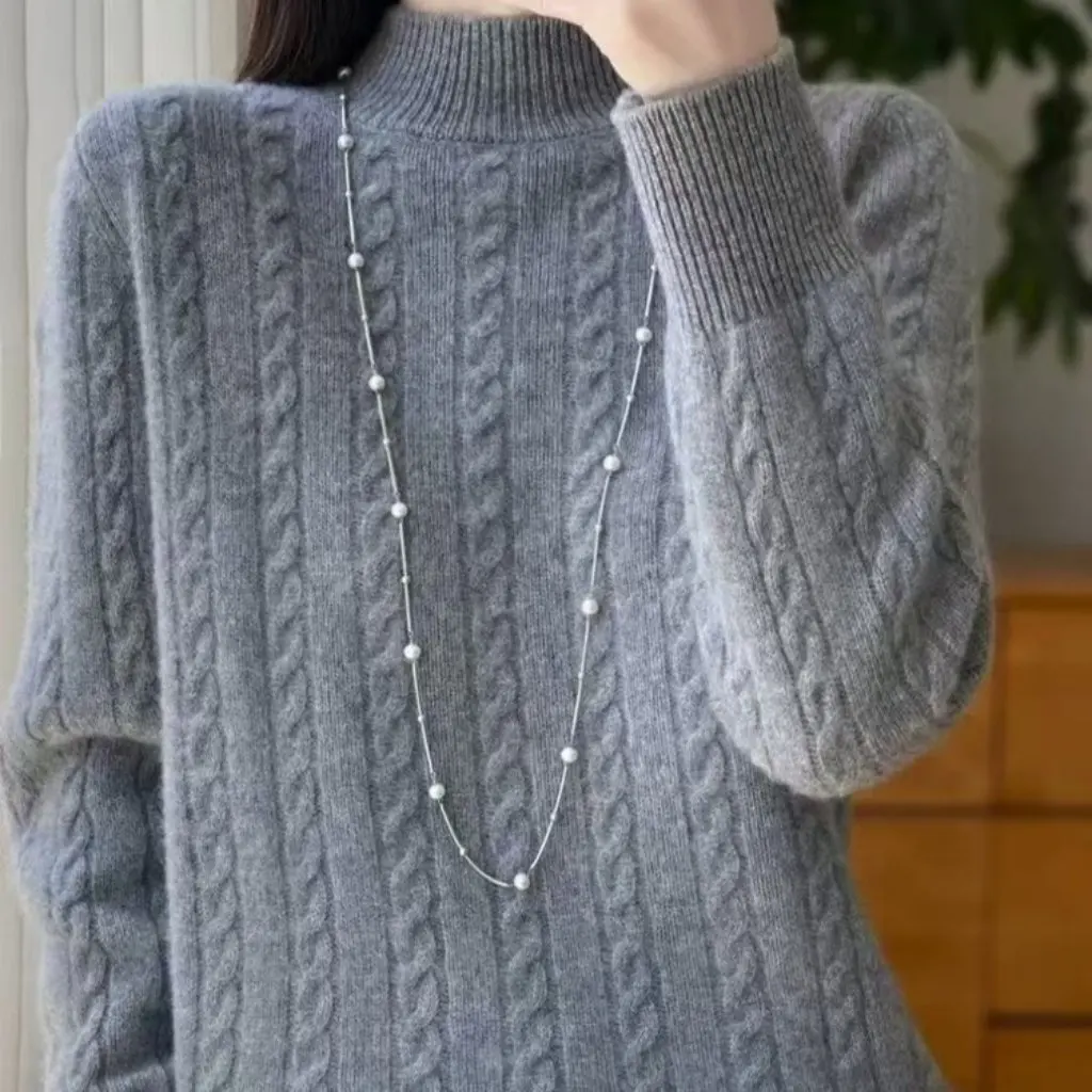 

Women's Korean Style round Neck Twist Sweater Long Sleeve Base Shirt Top Fashionable Casual Knitwear for Autumn Winter