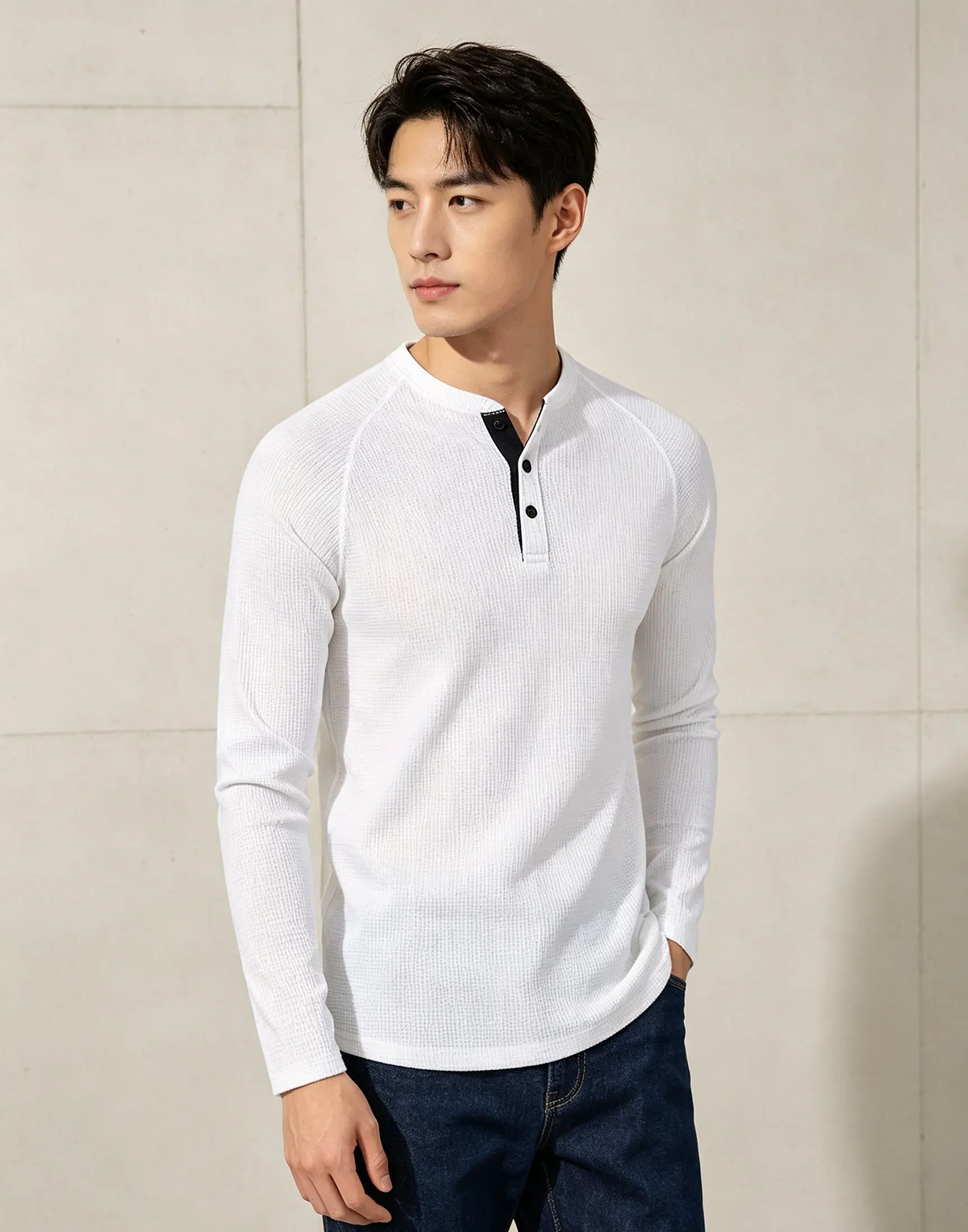 Men Waffle Henley Long Sleeve Shirt Raglan Sleeve Casual Daily T-shirt