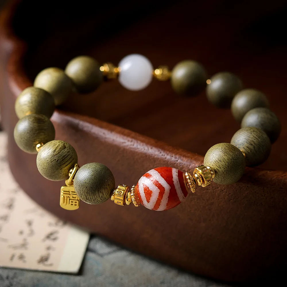 

Original Design Green Agarwood Single-Strand Bracelet with Red Meat Tibetan Beads Ethnic Style Bracelet