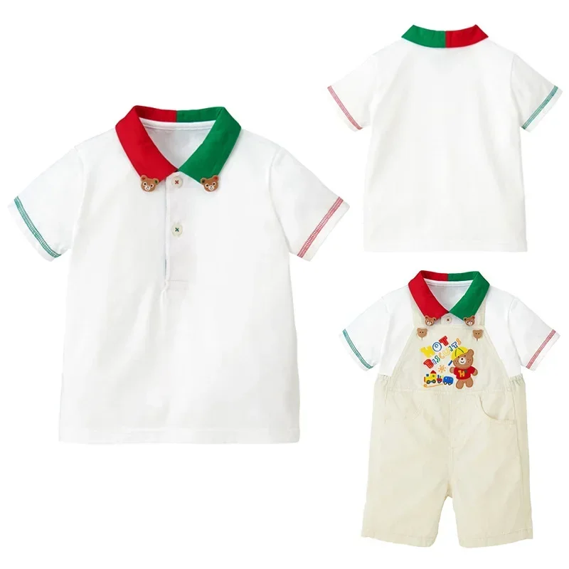 

Miki Kids New Kids Cartoon Bear Embroidered Lapel Polo Shirt Short Sleeve Color-block T-shirt