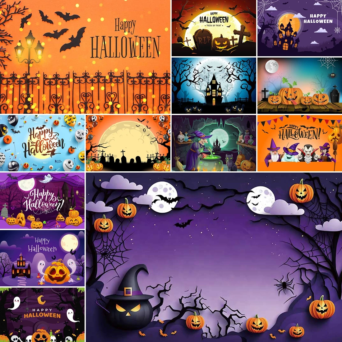 

MOON.QG Happy Halloween Photo Background Banner Pumpkin Purple Moon Backgrounds For Photographs Wallpaper Studio Shooting