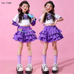 Girls Lovely Streetwear Children Hip Hop Crop Top Purple Cargo Pants Tiered Skirts Clothes Sets Kids Street Dance Jazz Costumes