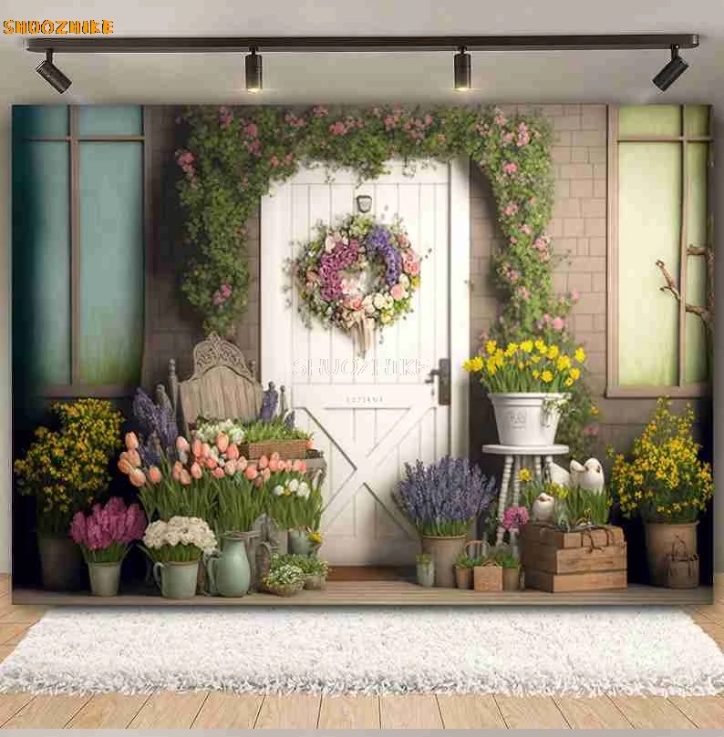 春のイースターの写真の背景,花,植物の弓,つるの壁,緑の草,卵,子供の誕生日,肖像画の装飾,写真の背景