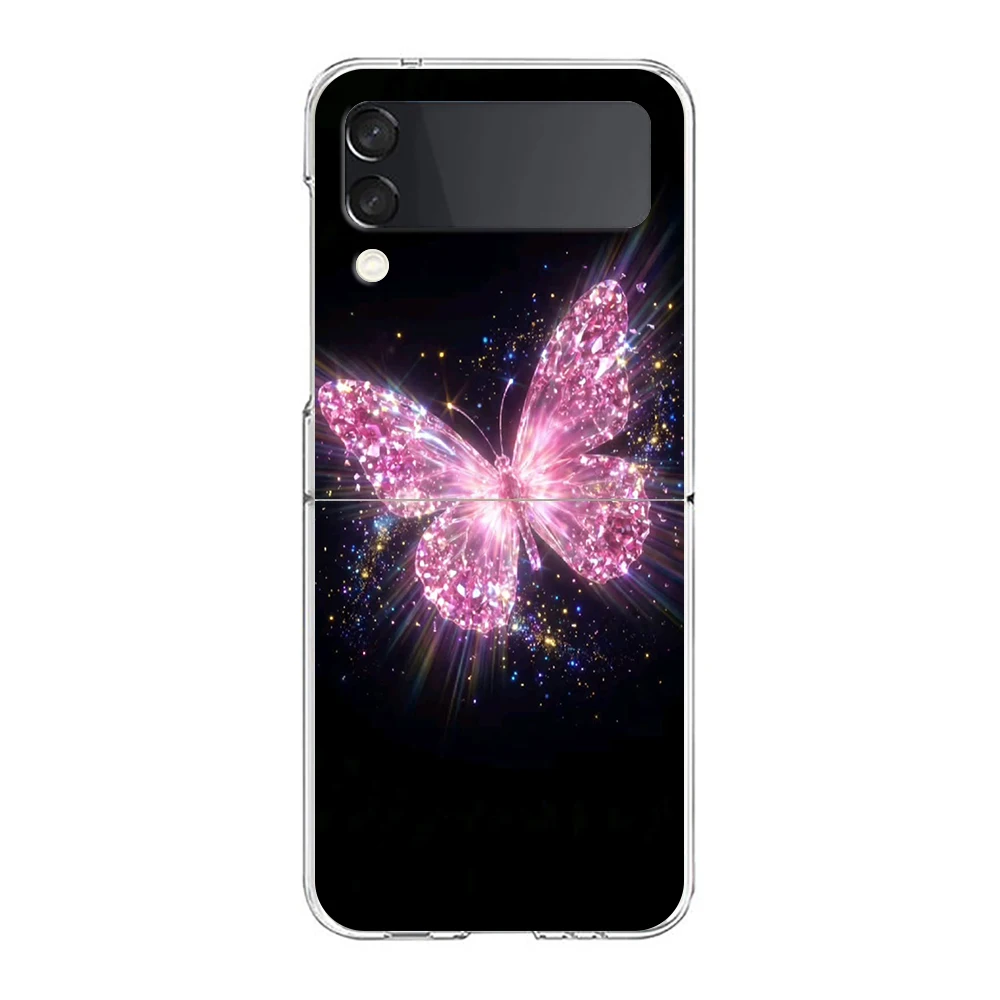 Pink Fluorescent Butterfly Phone Cover For Samsung Galaxy Z Flip 7 6 5 4 Case Transparent For Samsung Z Flip 3 Hard PC Foldable