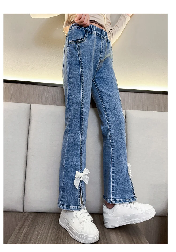Elegante Kinder-Jeans mit Schlitz und Perlen für Mädchen, schmal geschnittene Denim-Hose mit Schleife, Kinderhose mit Schleife, Größe 5 6 7 8 9 10 11 12 13 14 – Detail 13