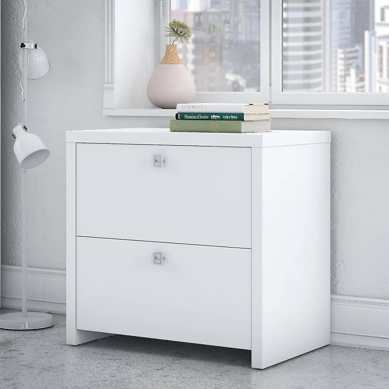 Echo Lateral File Cabinet in Pure White with Satin Silver Handles, Home Office Storage