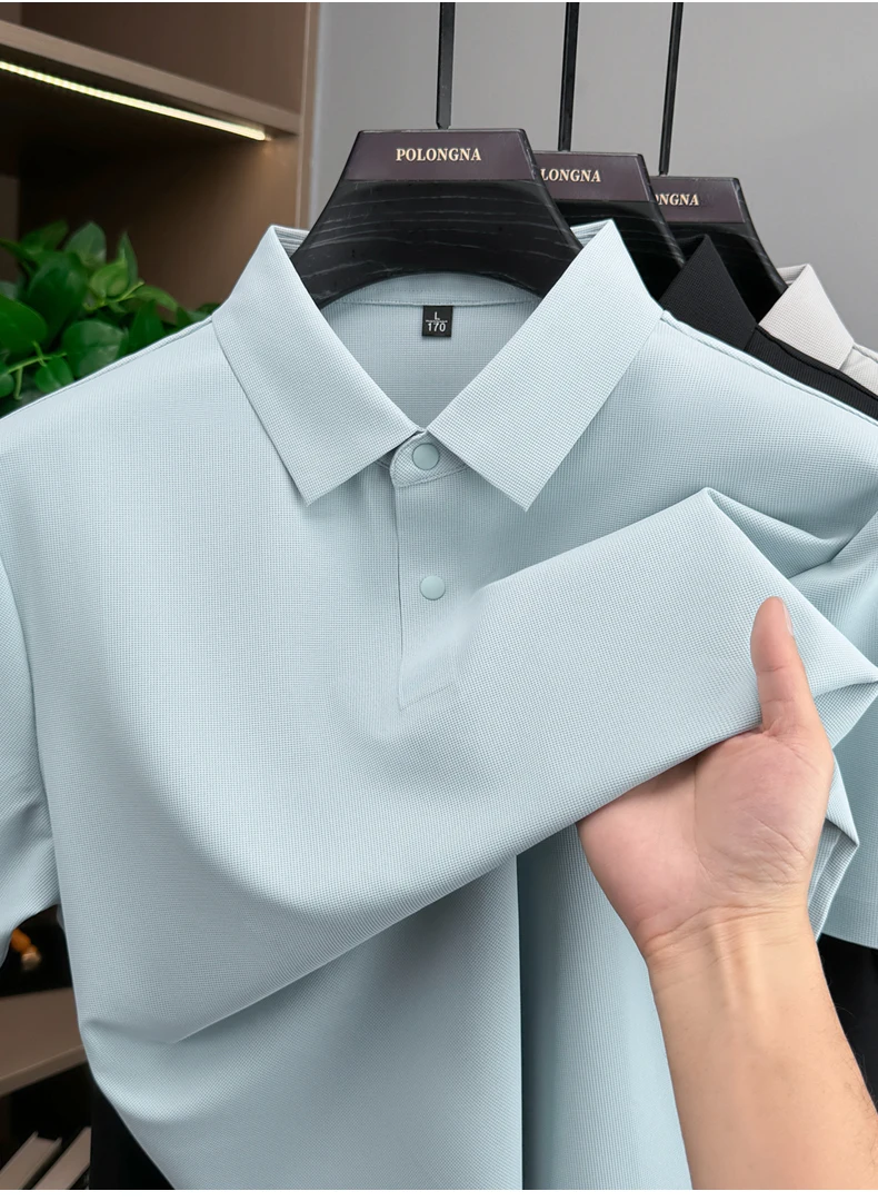 Modisches, einfarbiges Kurzarm-Poloshirt aus luxuriöser atmungsaktiver Eisseide für Herren Sommer Business Casual, bequem, vielseitig, T-Shirt – Detail 11