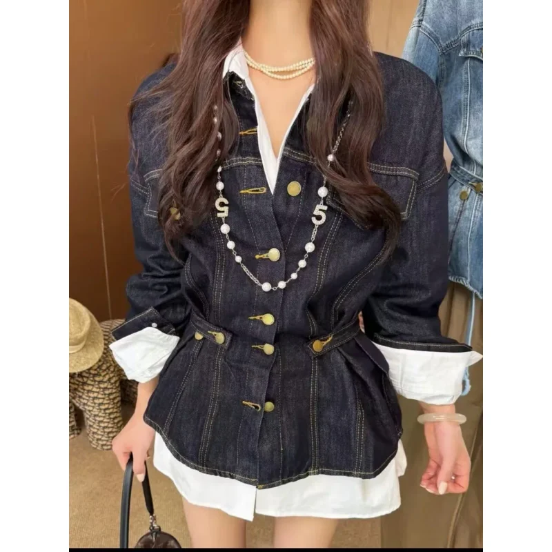 

Design Waist-Cinching Long Sleeves Denim Jacket Women's Loose Small Stature Elegance Cowboy Coat Female