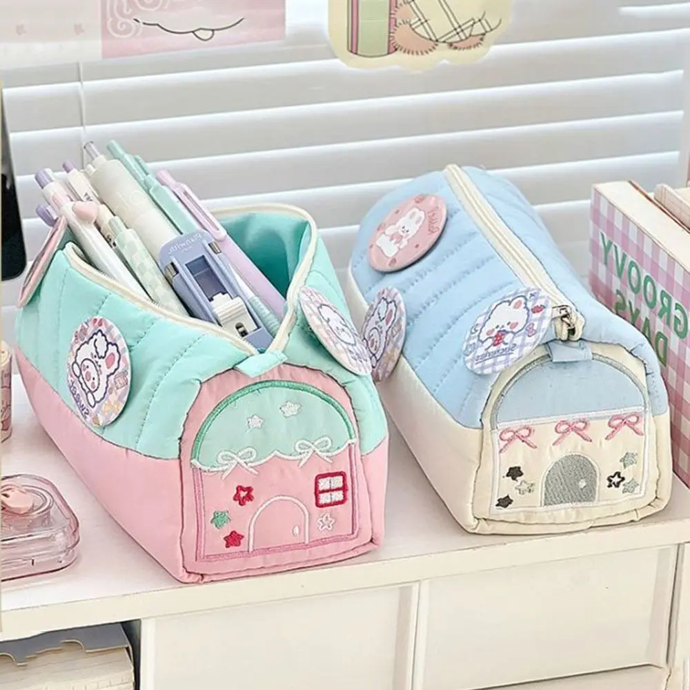 

Cute House Shaped Pencil Cases Multi Layer Large Capacity Pen Stationery Storage Bags Soft Embroidery Student Cosmetic Pouch
