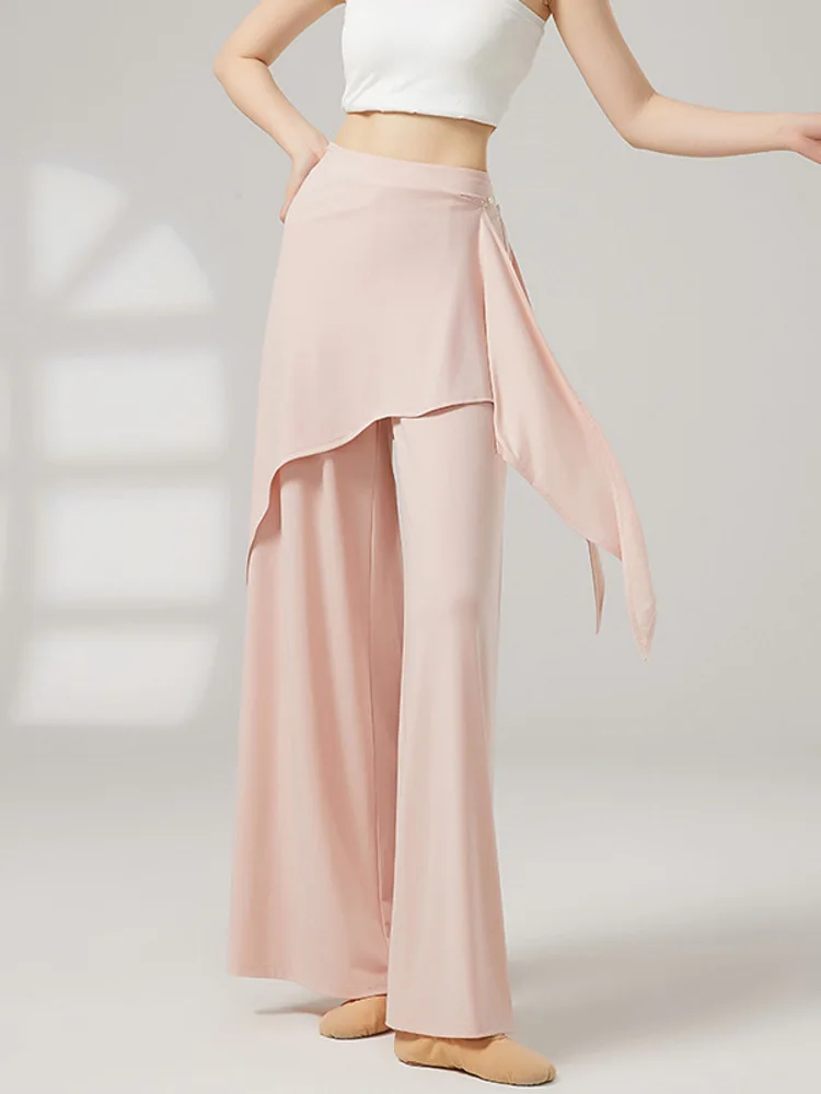 سراويل رقص باليه فضفاضة عالية الخصر للسيدات، سراويل واسعة الساق بلون سادة ذات طبقات من قطعتين لأداء التدريب