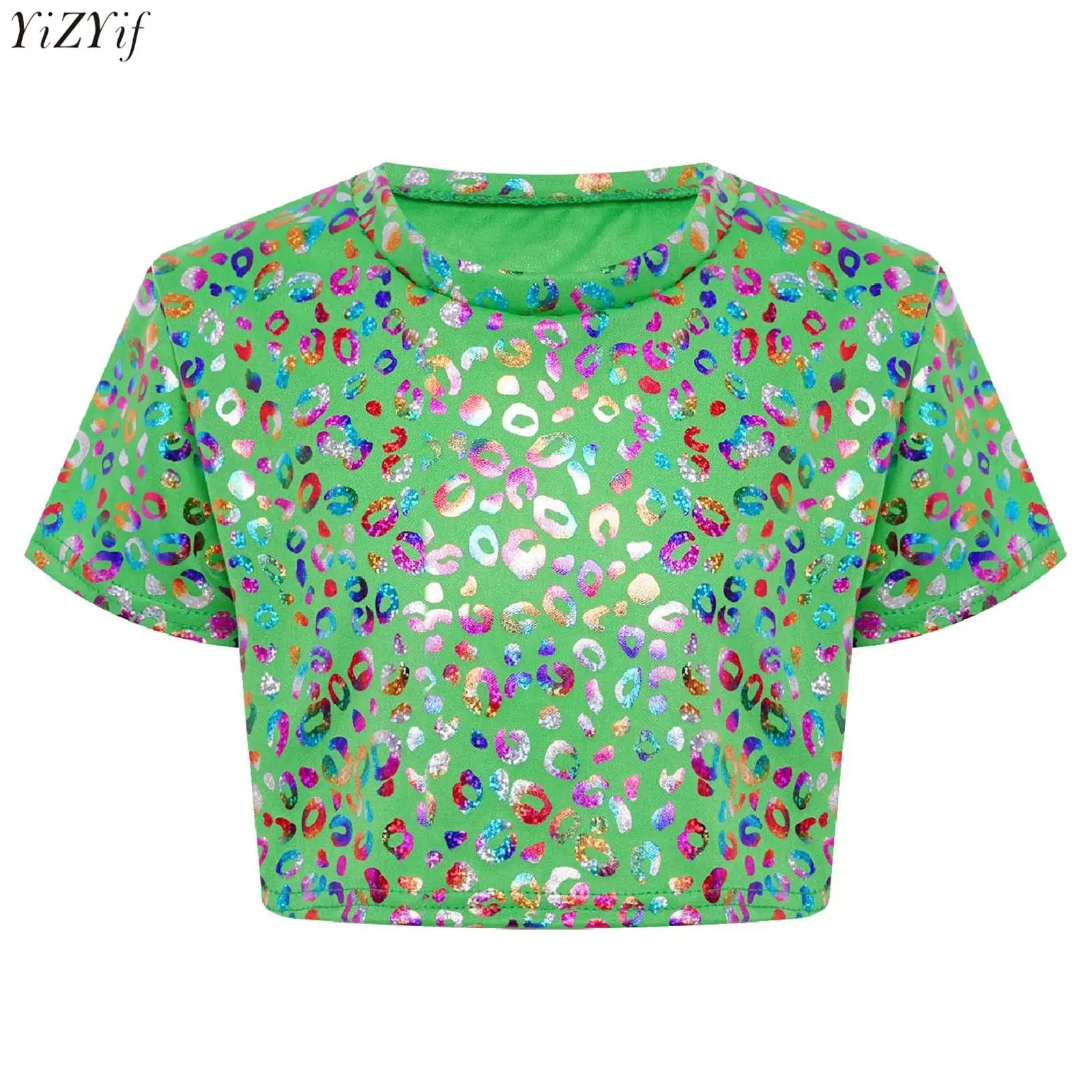 

Kids Girls Leopard Print T-shirt Metallic Round Neck Short Sleeve Shirts Dance Crop Top Cheerleading Dance Performance Costume