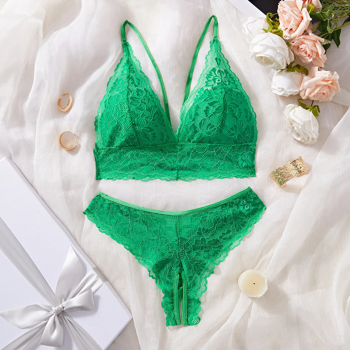 

Sexy Green Lace Triangular Cup Lingerie Set Women's Comfortable Breathable Exotic Sets Female Open Crotch Underwear Two-piece