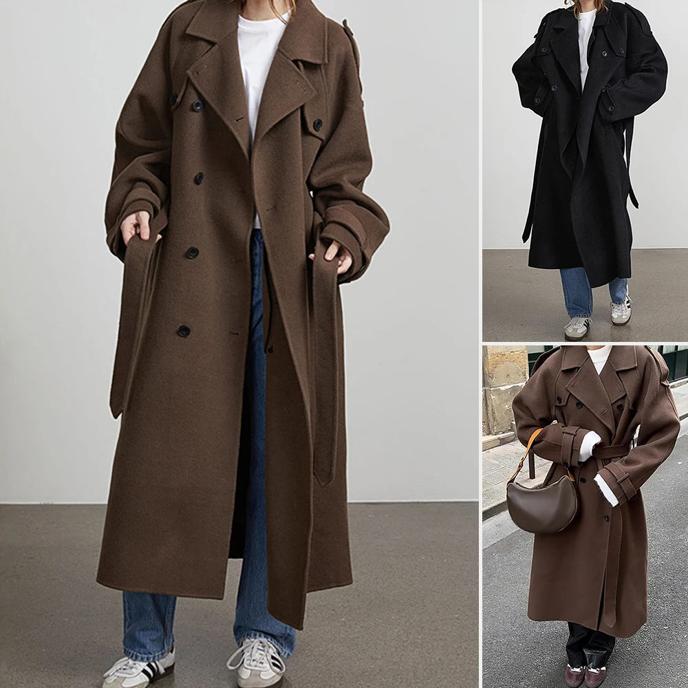 

Women's Long Lace Wool Coat with Waist Lapel Elegant Fashionable Outerwear Windbreaker for Ladies