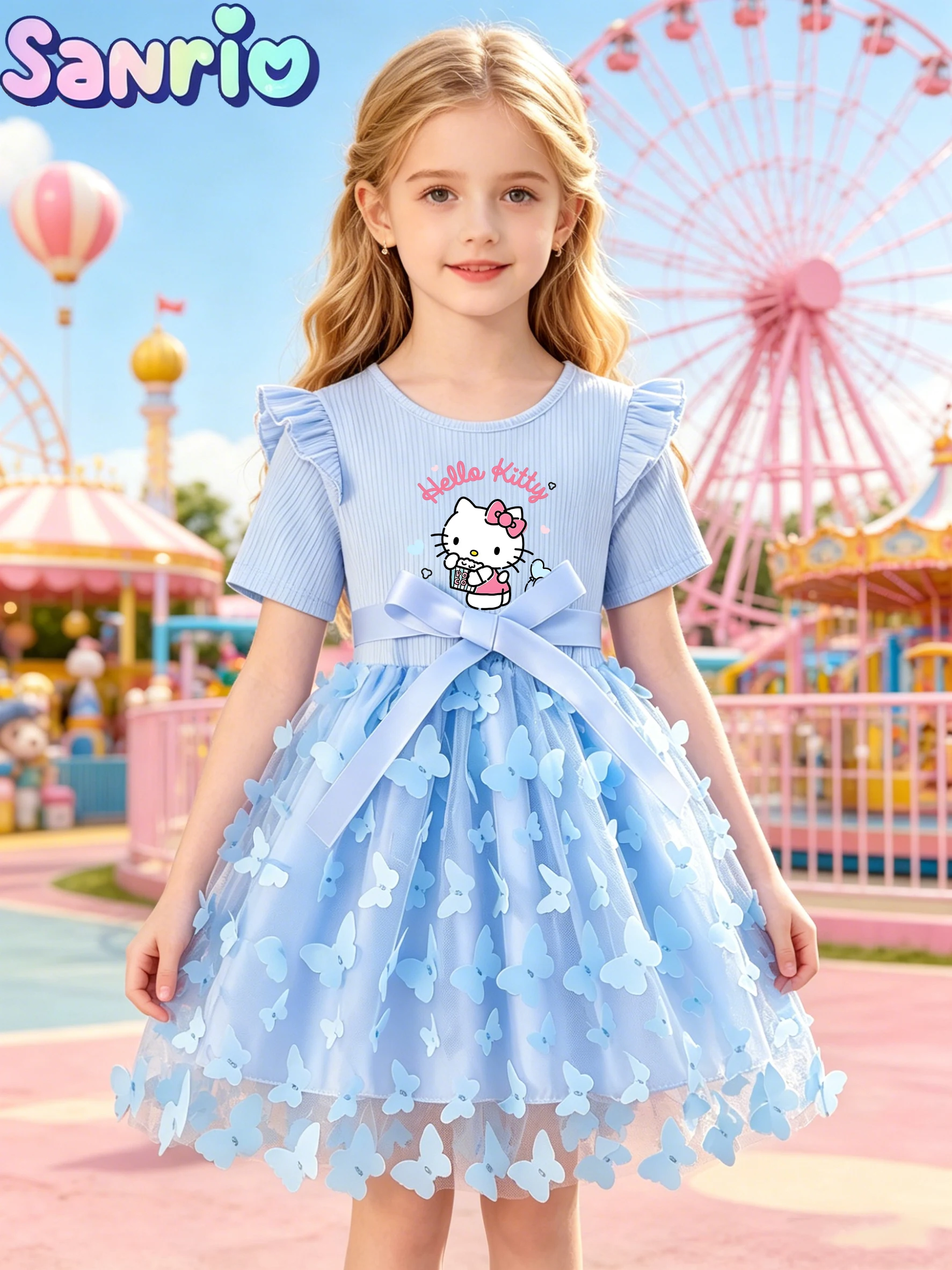 Robe de princesse Sanrio Hello Kitty pour filles, jupe tutu en tulle bleu d'été avec papillons 3D, robe douce pour enfants