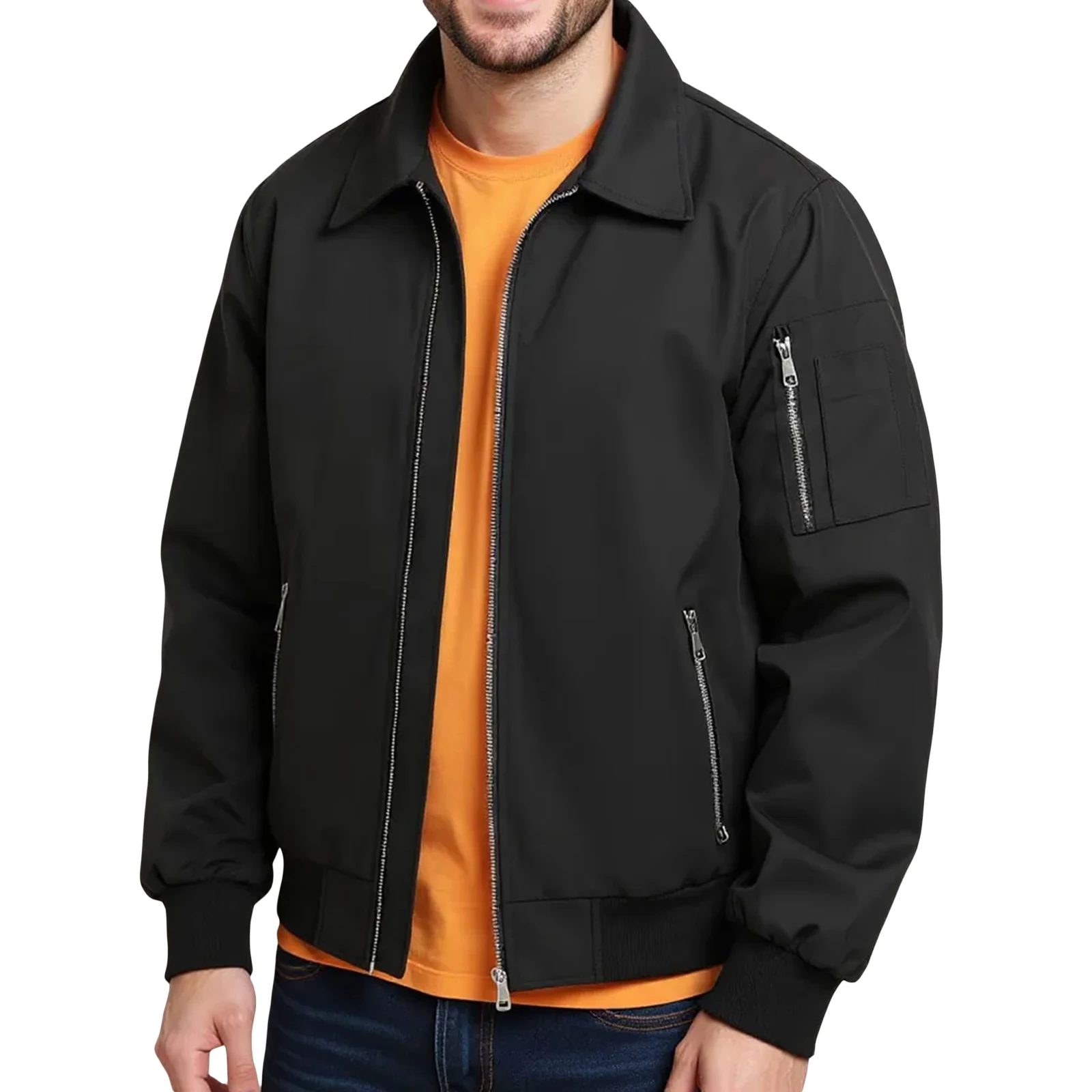 

Men’s Bomber Jacket Long Sleeve Lapel Collar Solid Color Sportswear Jacket Zipper Coats