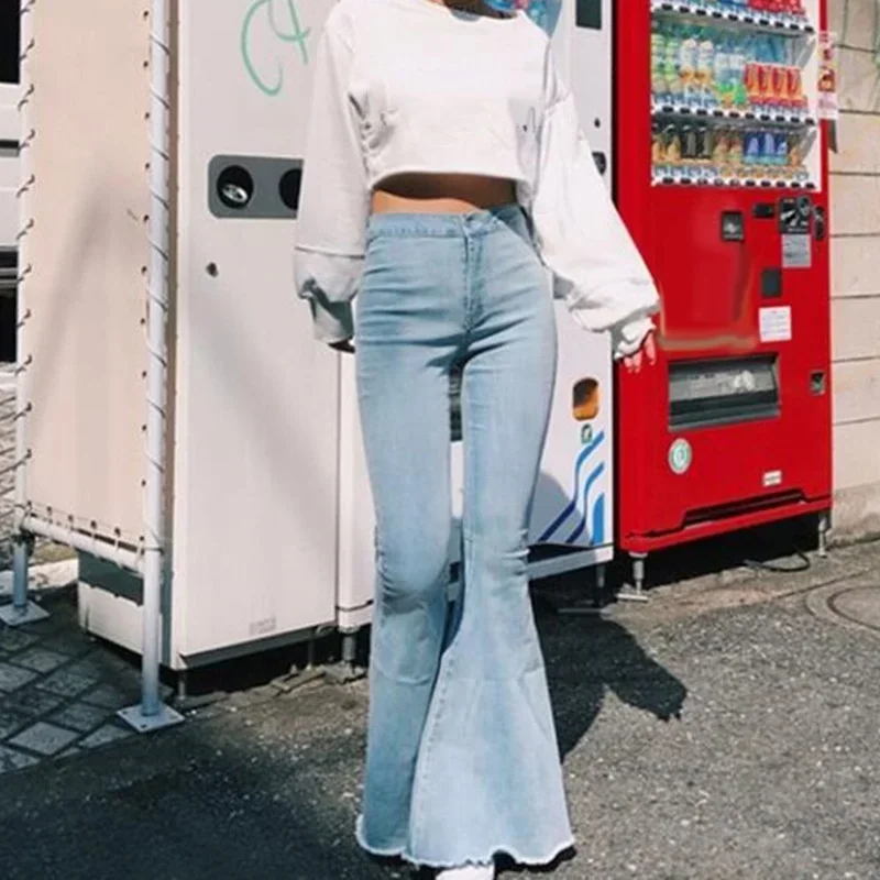 

Women Solid Color Sexy High Waist Slim Bell-bottoms Denim Pants Pop Female High Waist Sports Leggings Fashion Trousers Fashion