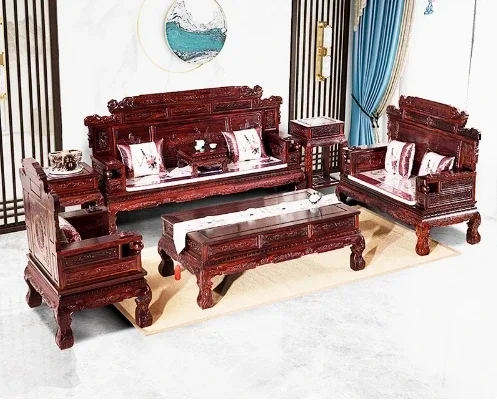 The product can be customized. African red rosewood living room full set of Chinese wealth rolling sofa