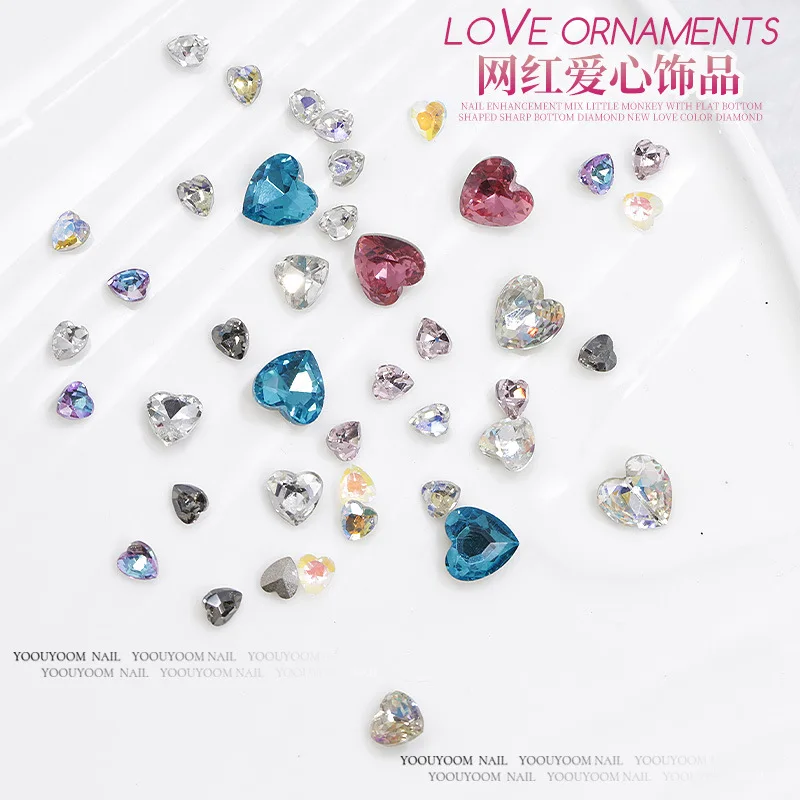 20Pcs New Nail Enhancements Crystal Diamond Jewelry Tip Bottom Love Color Diamond Nail Enhancements Heart shaped Small Peach