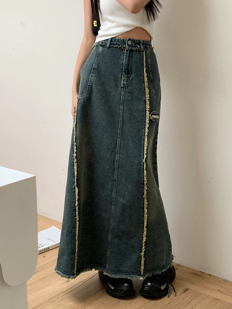 Vintage Jeans Skirts Women High Waist Tassel Ripped Denim Skirts Female 2024 New Casual Pocket Straight Zipper Long Skirts