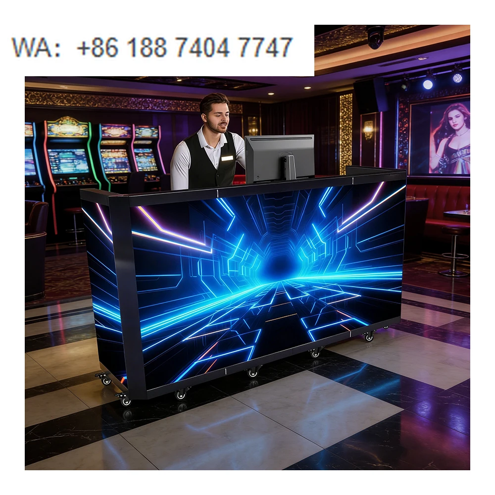 Custom Portable Cabina TV Video Wall Mesa Facade Curved Desk Podium Stand Six Foldable LED DJ Booth Console Table Display Screen