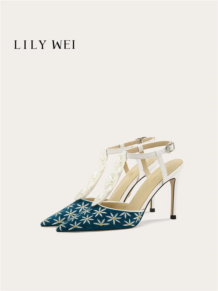 

Summer New Pointed Deep Blue Embroidered Daisy T-Strap Sandals Banquet Large Size Small Size Stiletto High Heels Women's Shoes