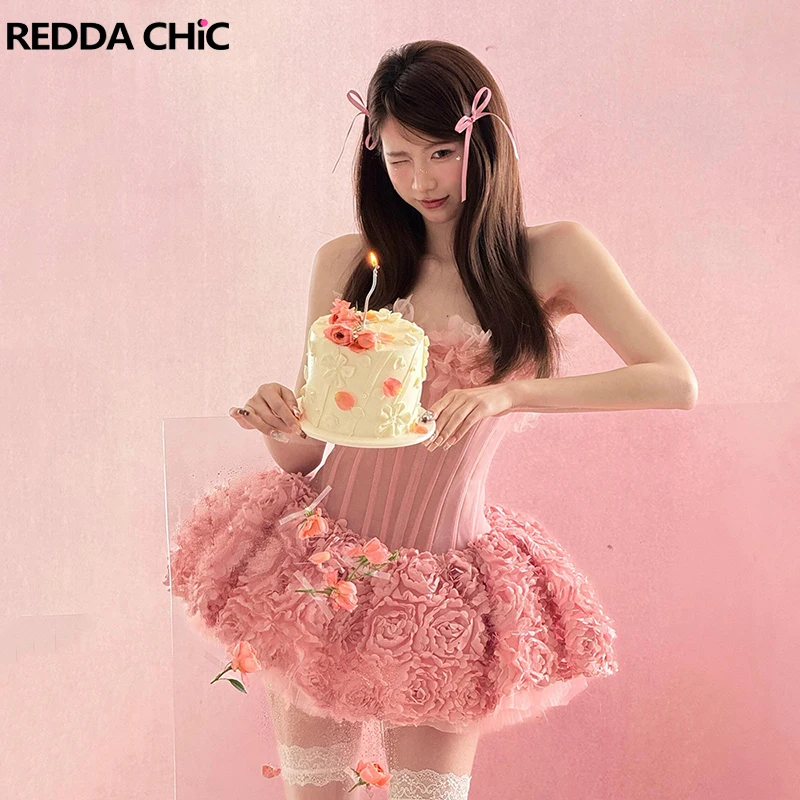 

Женское мини-платье ReddaChic с пышными рукавами, розовое, с аппликацией в виде милых цветов, на шнуровке, без бретелек, с корсетом на косточках, в стиле принцессы