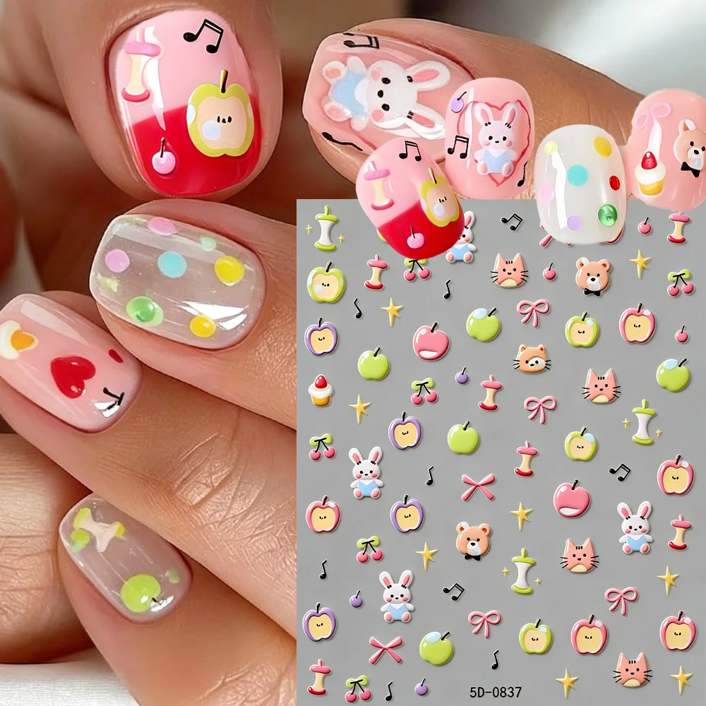 5D Embossed Cartoon Animal Nail Art Sticker Cute Bow/Rabbit/Bear/Cat/Apple/Cherry Nail Decal Adhesive Kawaii Animal&Fruit Slider