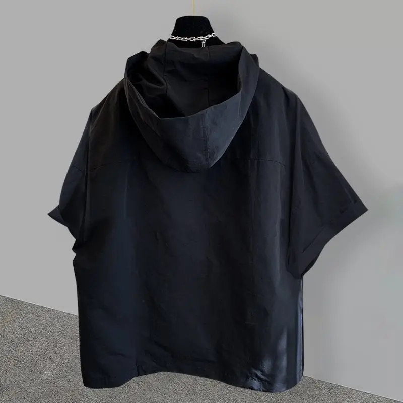 Summer New Men\'s Solid Color Hooded Spliced Pockets Zipper Casual Fashion Loose Korean Short Sleeve High Street T-shirt Tops