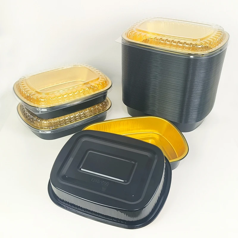 Black Gold Aluminum Foil Pans 1500ml 10Pcs Pack with Lids Heavy Duty Disposable Baking Tray Heat Resistant for Steak Oven