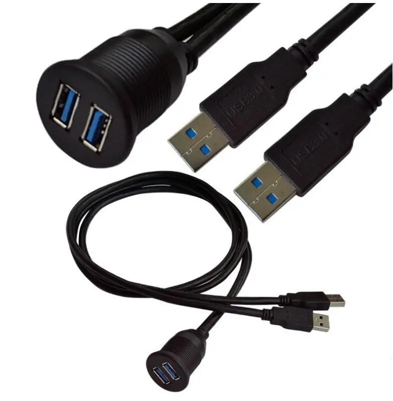 USB 3.0 Port Male To Female Extension Cable Cord Waterproof Flush Mount Dual USB Dock Adapter Dashboard Pan For Car Motorcycle