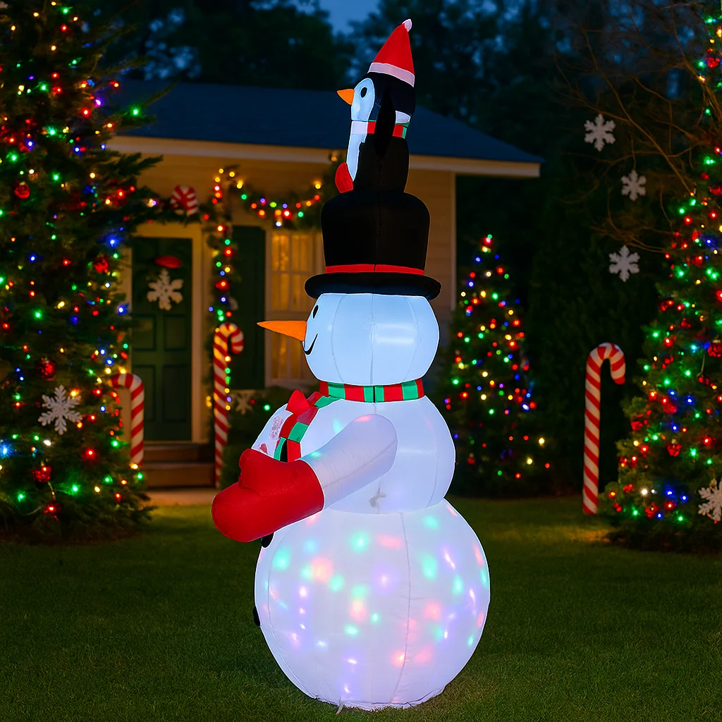 2.4M/7.8FT Opblaasbare Sneeuwpop Pinguïn Snoep Riet Verlichting LED Home Decoraties Speelgoed Yard Xmas Ornamenten Vakantie Decor levert