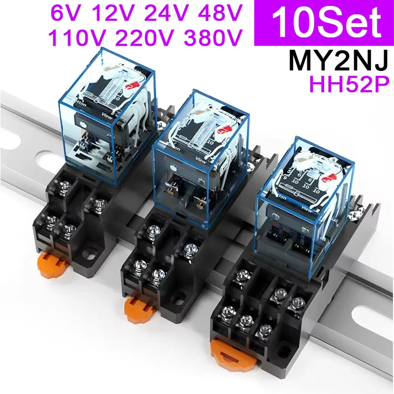 

10Set MY2P 12V 24V DC / AC 110V 220V MY2NJ HH52P Coil General PurPose DPDT Micro Mini Relay With Socket Base