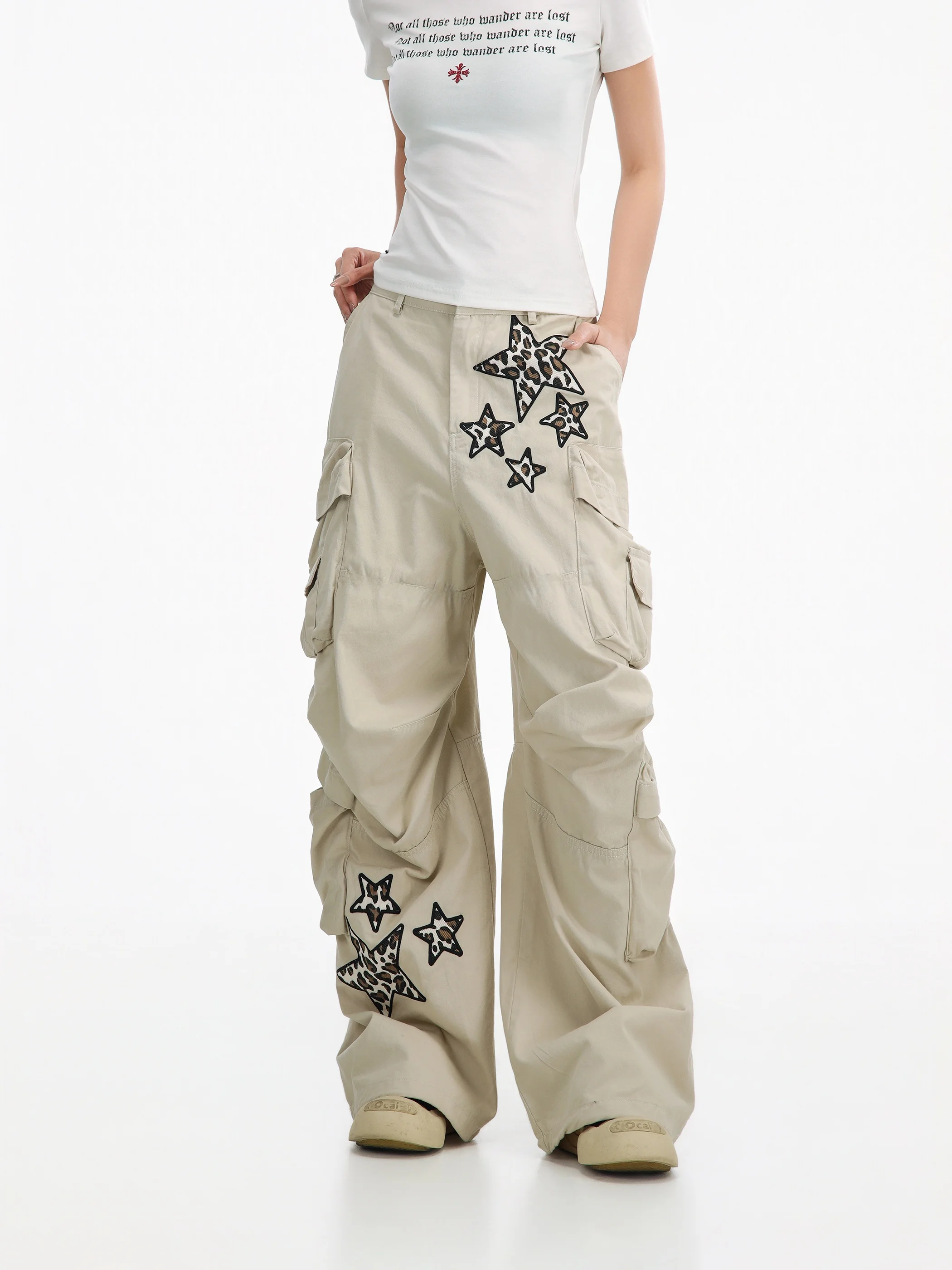 

Vintage Star Embroidery Wide Leg Work Pants Women's Folded Design Denim Trousers City Walk Casual Pants Female Neutral Style