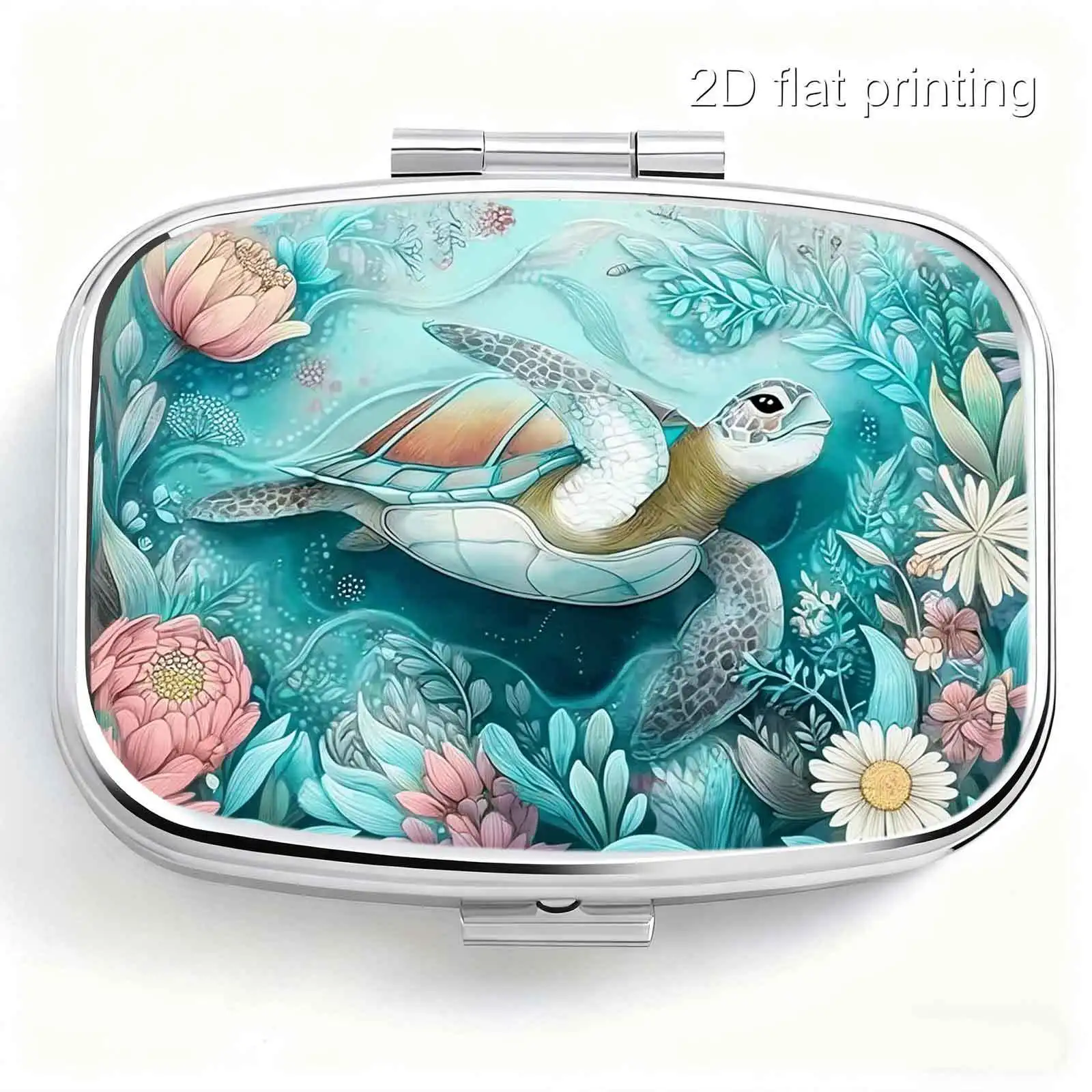 1pc flat printing, underwater roaming turtle and floral pattern, square two-compartment small pill box, portable medicine storage, small jewelry storage, suitable for handbags or travel, elegant design, polished finish