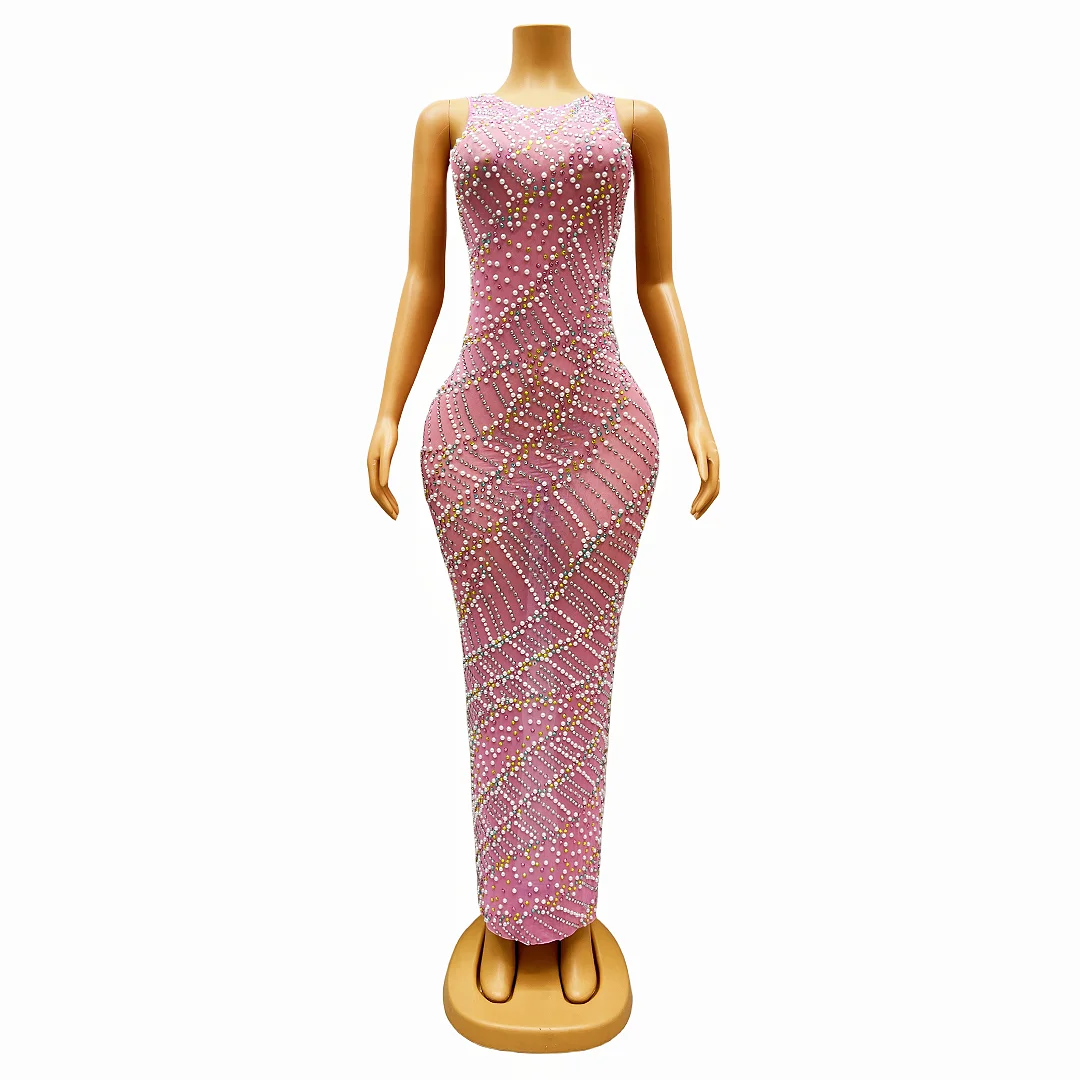 Colorful Rhinestones Crystals Sleeveless Pink Green Dress Sexy Stretch Dance Birthday Celebrate Costume Party Wear huatian