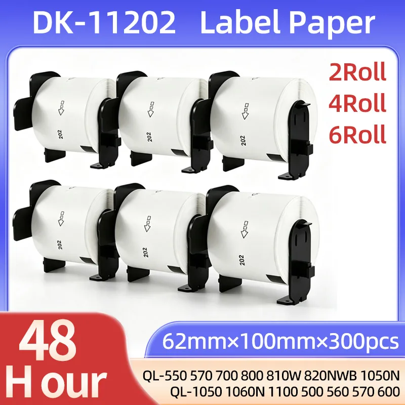 2~6Rolls DK11202 DK-11202 Label Paper 62mm*100mm*300pcs Die Cut Labels Compatible for Brother QL-1050 QL-800 550 Thermal Printer