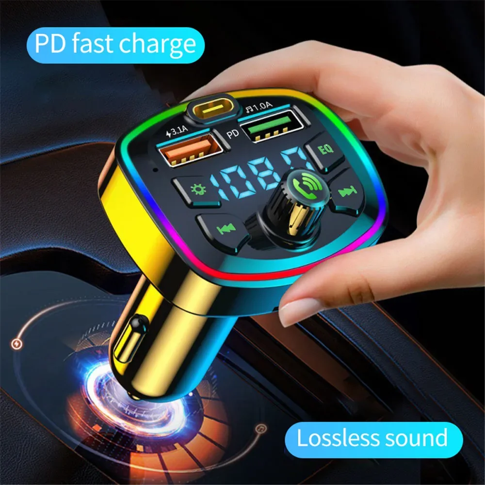 Bluetooth 5.0 FM Transmitter For Car FM/AUX Bluetooth Adapter 3 Ports PD18W Car Fast Charger Ambient Light Hands-Free Car kit