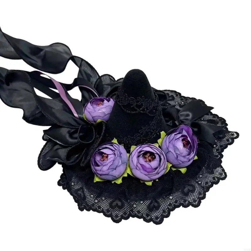 Gothic Mini Hat Headpiece, Lace Flower and Ribbon Design Hair Clip for Halloween Parties, Masquerades and Costume Styling Y08E