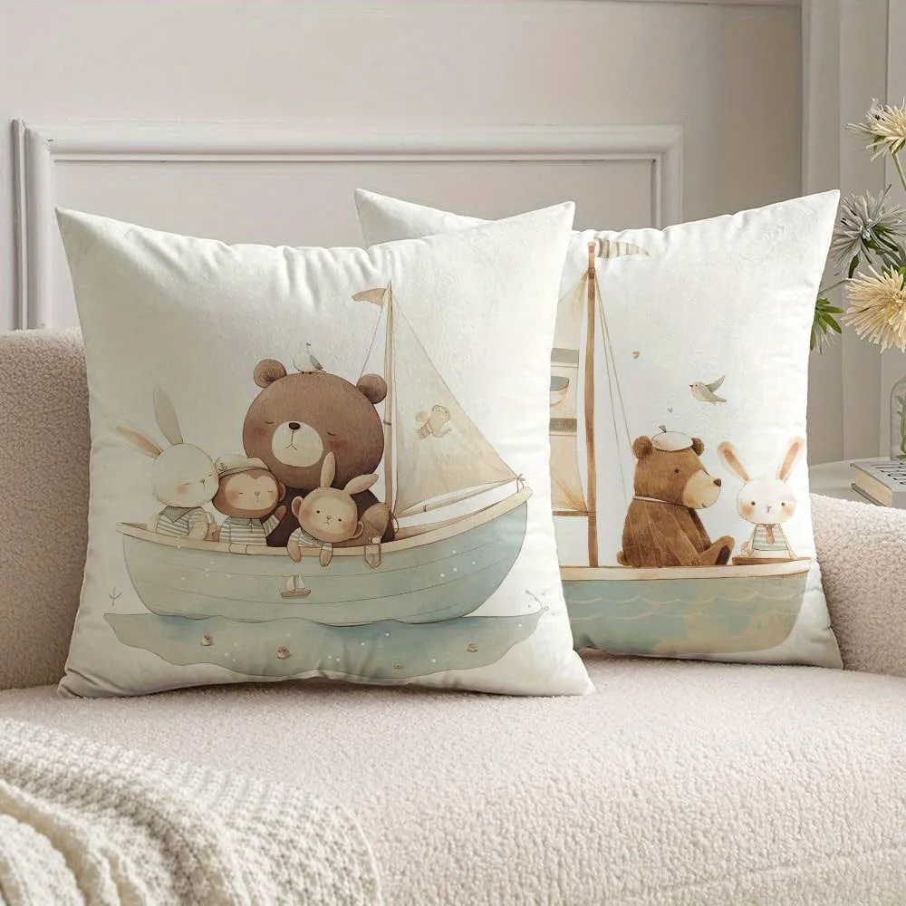 2pcs Watercolor Sailor Animals Print Throw Pillow Covers Cute Bear Rabbit Cozy Cushion Cases for Bedroom Living Room Decor