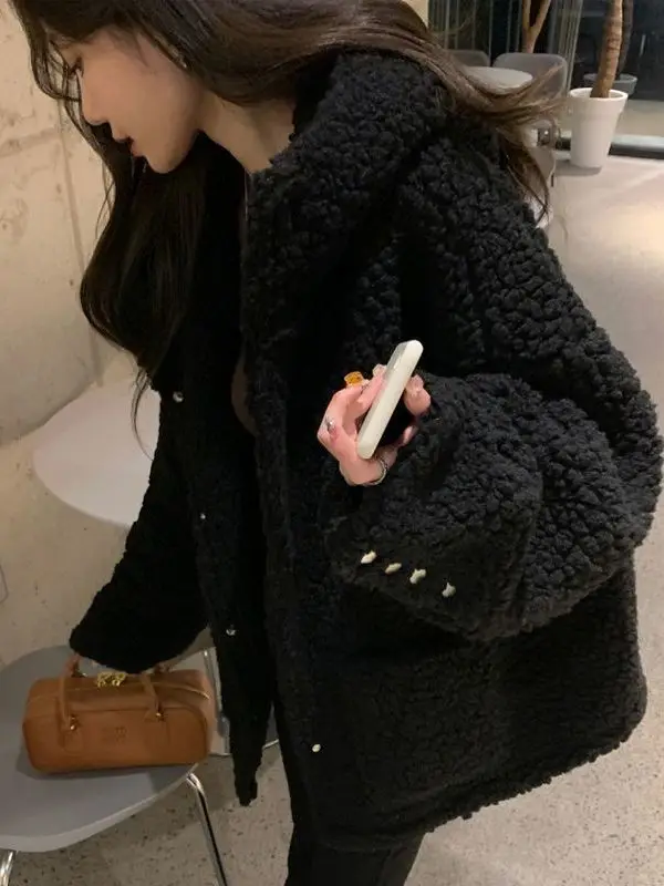 

Loose Fit Lamb Fur Jaet Women's Lazy Sle Mid-Length Hooded Thiened Cotton Coat Warm Casual Outerwear for Winter