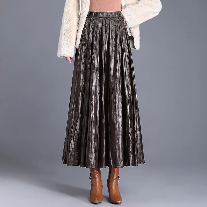 Elastic Waist Pleated Leather Skirt Half Body Skirt for Women Autumn Fashion Retro High Waist Slimming Versatile A-line Skirt