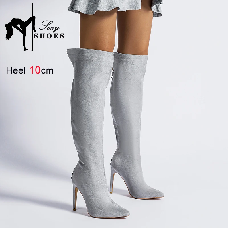 Knee-High Pointed Toe Women Boots 2023 Autumn Winter Suede High Heels Large Size Grey Models Shoes Back Zip Long Tube Boots